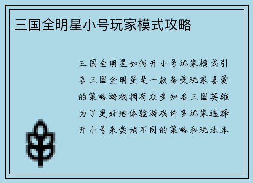 三国全明星小号玩家模式攻略