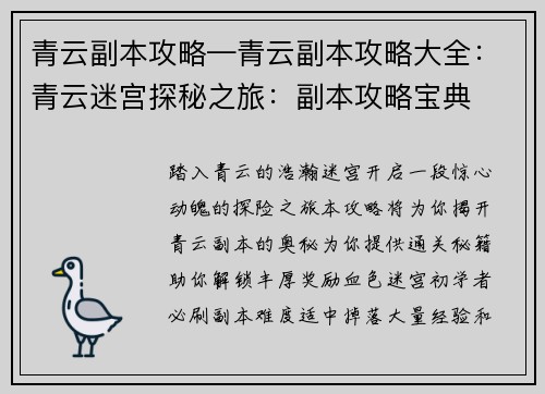 青云副本攻略—青云副本攻略大全：青云迷宫探秘之旅：副本攻略宝典