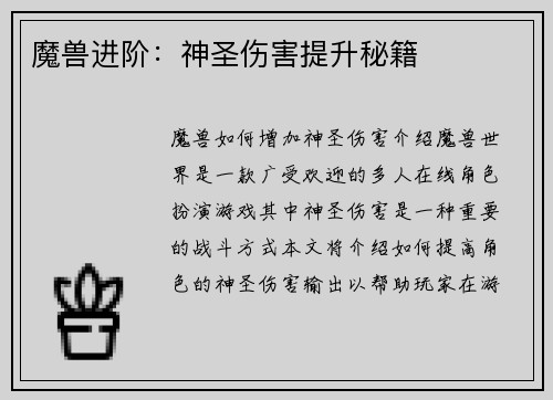 魔兽进阶：神圣伤害提升秘籍
