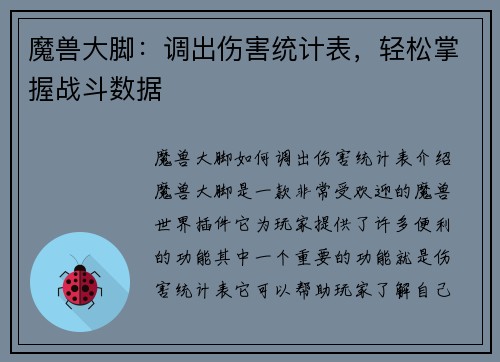 魔兽大脚：调出伤害统计表，轻松掌握战斗数据